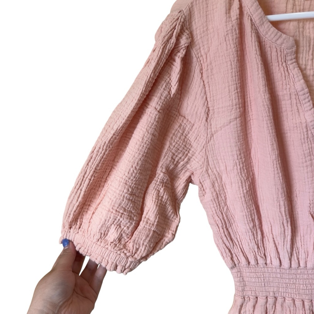 4our Dreamers‎ Pink Gauze Midi Dress Puff Sleeve V Neck Elastic Waist S - Picture 6 of 6